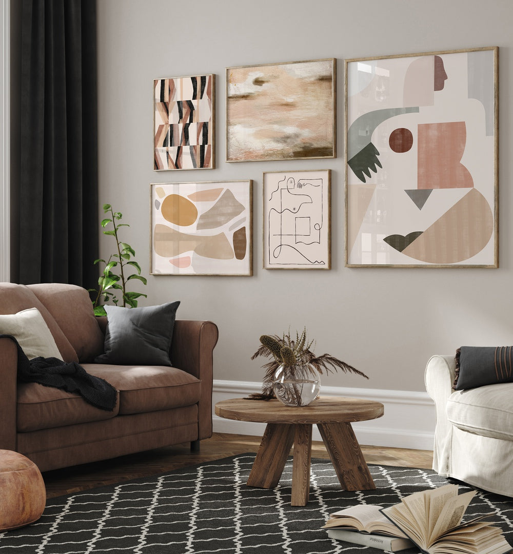 Transform your space with the TERRACOTTA WHISPERS GALLERY WALL, featuring stunning abstract art for modern interiors.