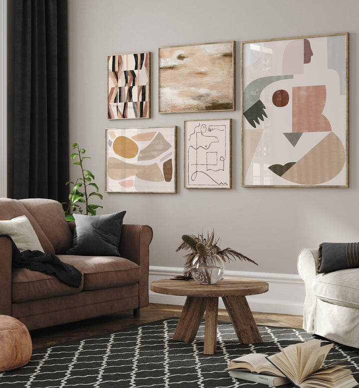 Transform your space with the TERRACOTTA WHISPERS GALLERY WALL, featuring stunning abstract art for modern interiors.