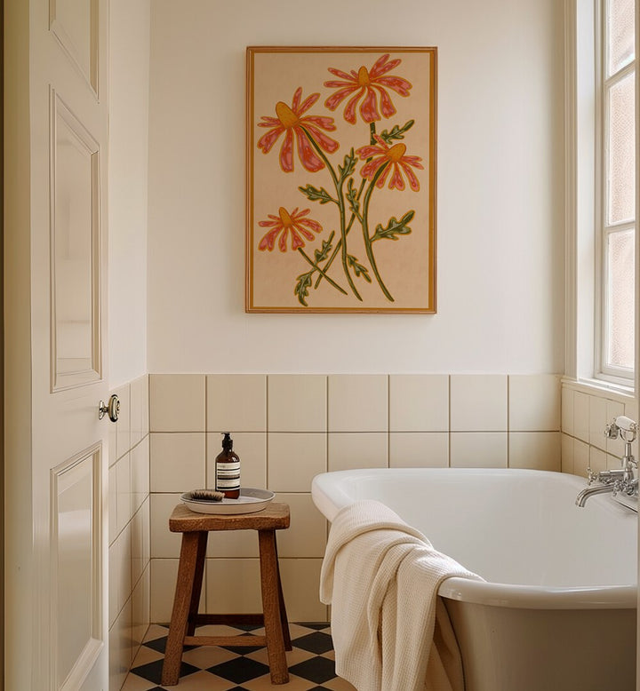 Brighten your space with PETALS IN BLOOM, FLORAL FLOWER PAINTINGS showcasing vibrant flowers in a stylish bathroom setting.