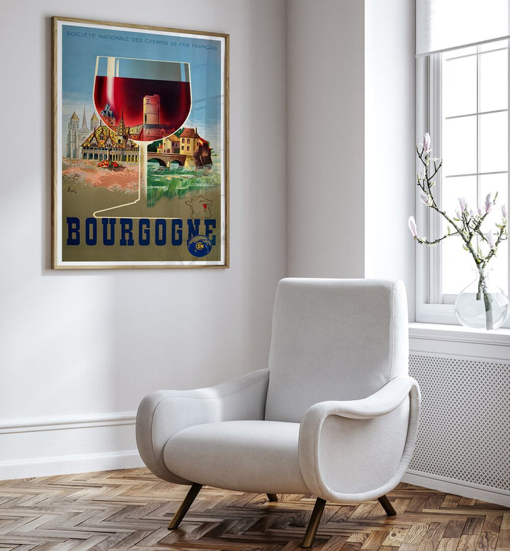 BOURGOGNE, VINTAGE TRAVEL POSTERS showcase the elegance of French vineyards in a stylish home decor setting.