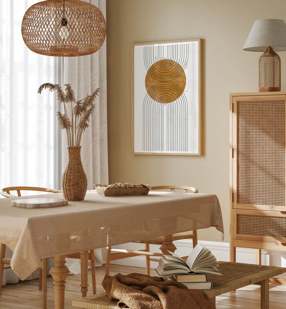 Stylish dining area featuring ABSTRACT FLOW III, BOHO ART PAINTINGS from THE MIUUS STUDIO, enhancing modern decor.