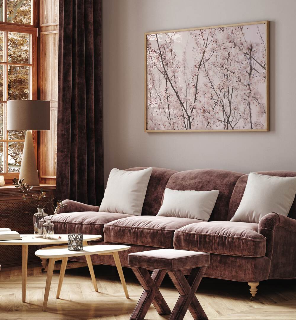 Stylish living room featuring SPRING BLOSSOMS, FLORAL FLOWER PAINTINGS, adding beauty and color to your space.