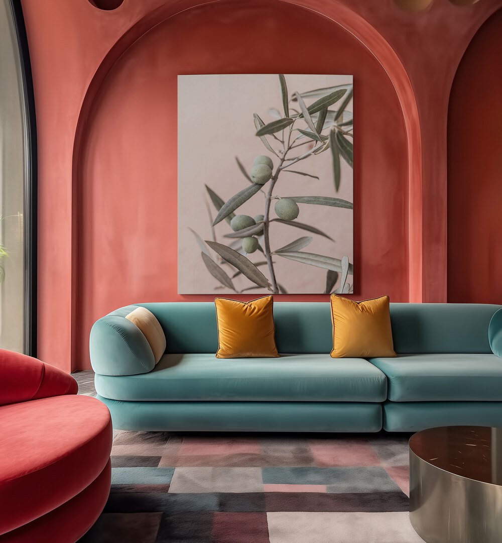 Elegant OLIVES, FLORAL FLOWER PAINTINGS adorn a stylish living space, enhancing any home decor effortlessly.