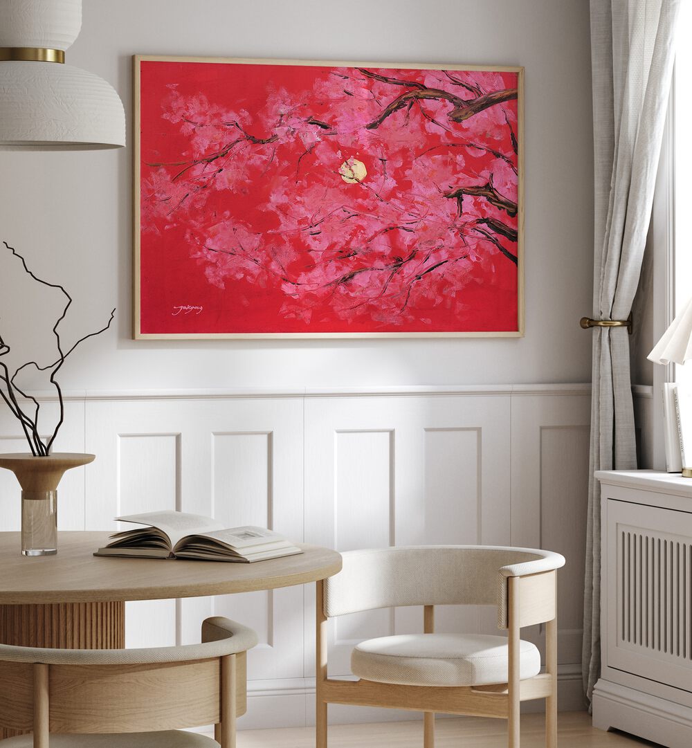 Vibrant REDMOON, FLORAL FLOWER PAINTINGS brighten a modern dining space with pink blossoms and warm hues.