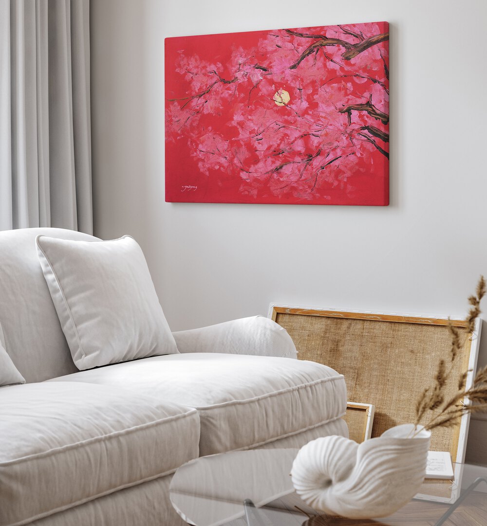 Brighten your space with REDMOON, FLORAL FLOWER PAINTINGS featuring vibrant pink blossoms on a striking red background.