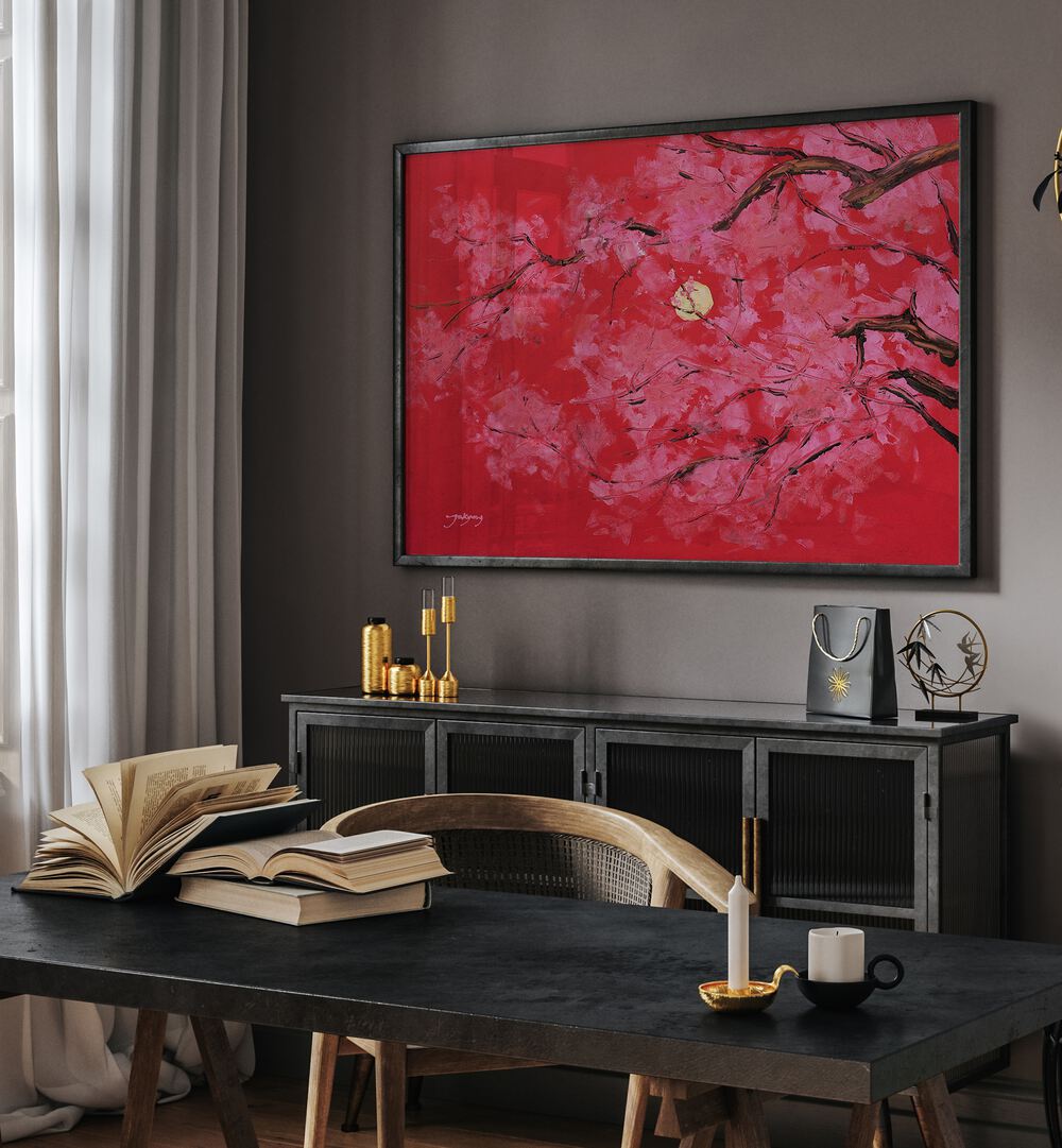 Vibrant REDMOON, FLORAL FLOWER PAINTINGS add a stunning touch to any modern workspace or home decor.