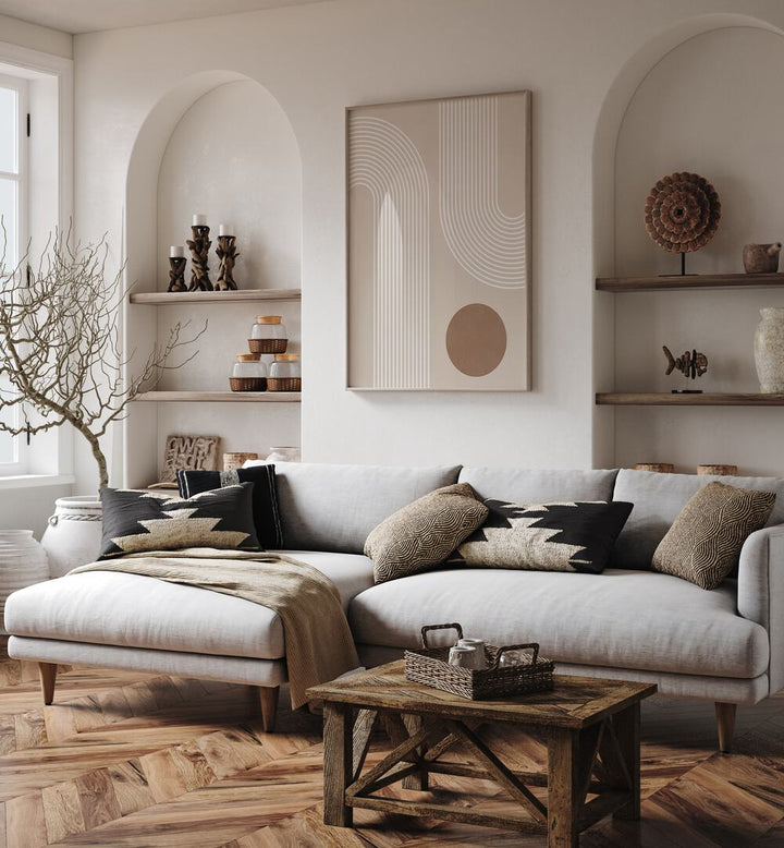 Stylish living room featuring BEIGE ARC III, BOHO ART PAINTINGS by Elena Ristova, enhancing contemporary decor.