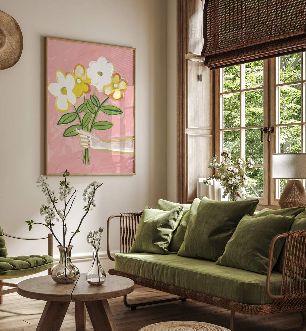 Vibrant Bunch of Flowers Pink and Yellow, floral paintings brighten your space, perfect for any decor.