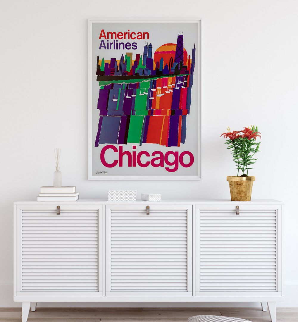 Colorful CHICAGO II, VINTAGE TRAVEL POSTERS showcasing the iconic skyline, perfect for home or office decor.