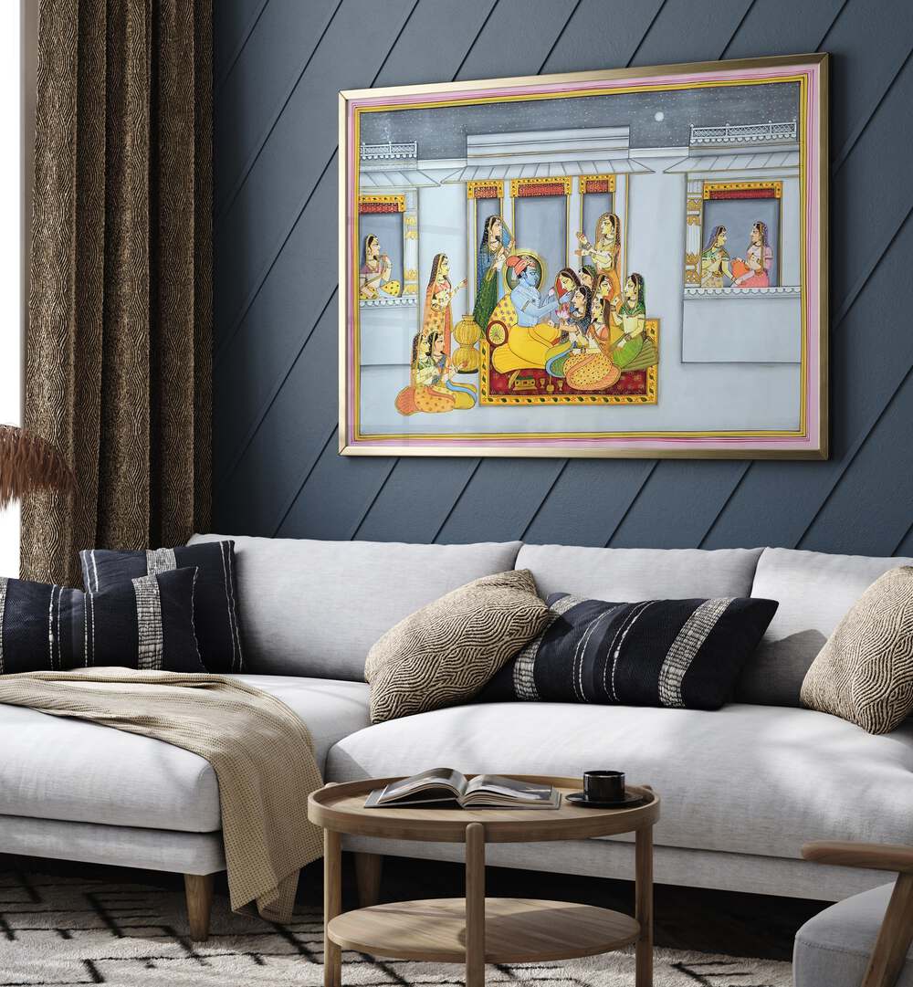 Exquisite KRISHNA WITH GOPIKA'S , INDIAN ART PAINTINGS adding elegance and spirituality to your living space.