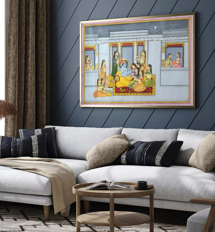 Exquisite KRISHNA WITH GOPIKA'S , INDIAN ART PAINTINGS adding elegance and spirituality to your living space.