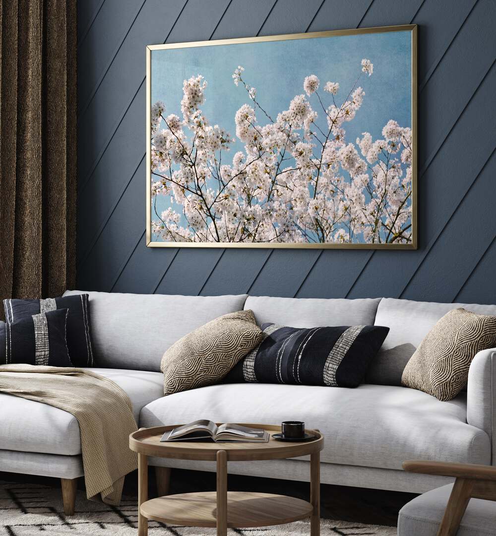 Stunning BLUE SKY BLOSSOMS, FLORAL FLOWER PAINTINGS showcase blooming flowers against a serene blue sky backdrop.