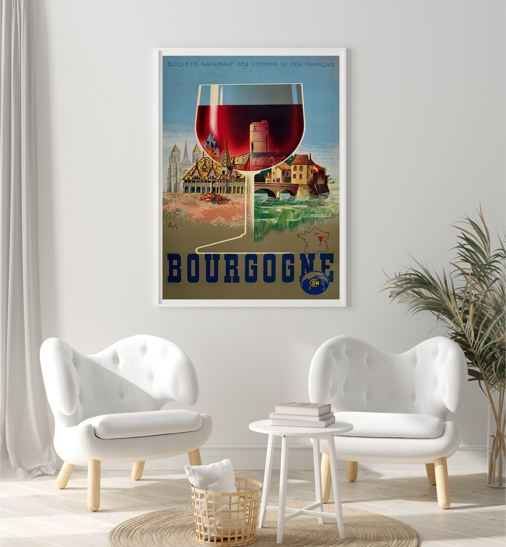 Stylish BOURGOGNE, VINTAGE TRAVEL POSTERS showcasing French vineyards and culture, perfect for elegant decor.