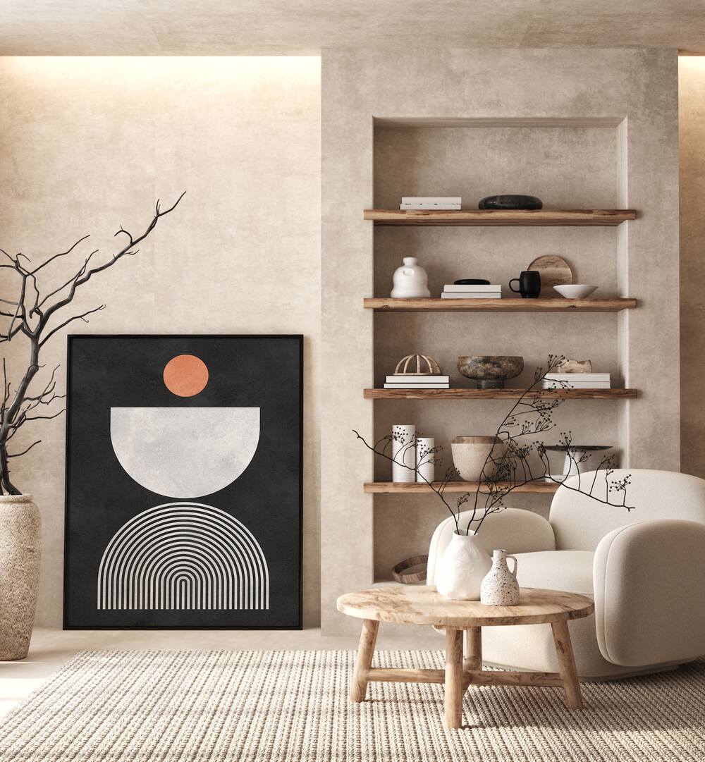 Modern living room featuring LINES AND CIRCLES X, BOHO ART PAINTINGS, enhancing the stylish decor with geometric designs.