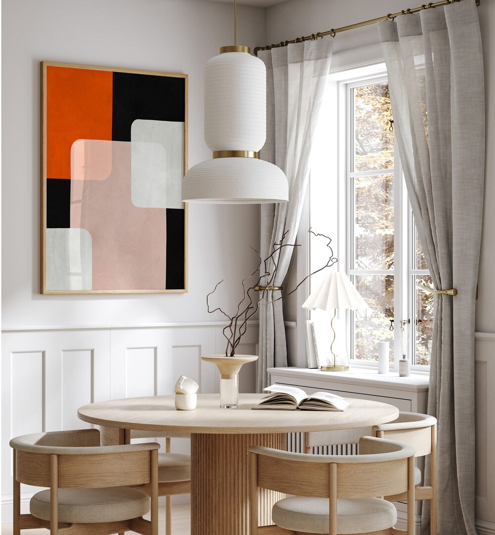 Vibrant EXPRESSIONIST SHAPES VIII, GEOMETRIC ART PRINTS enhance a modern room with bold colors and creative designs.