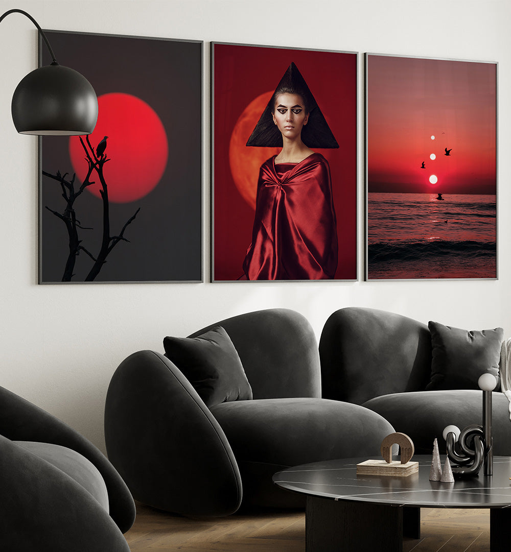 RED HORIZON , SET OF 3 PAINTINGS
