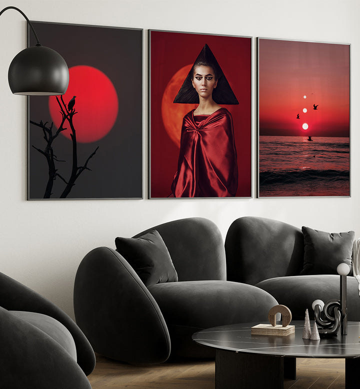 RED HORIZON , SET OF 3 PAINTINGS