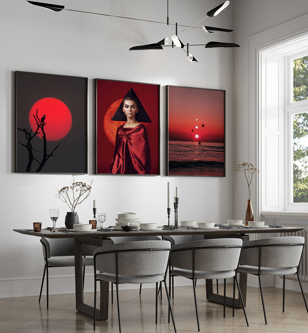 RED HORIZON , SET OF 3 PAINTINGS
