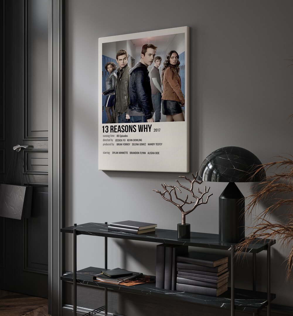 Exclusive 13 REASONS WHY (2017) , MOVIE POSTERS showcasing key characters in a stylish room setting. Transform your space!