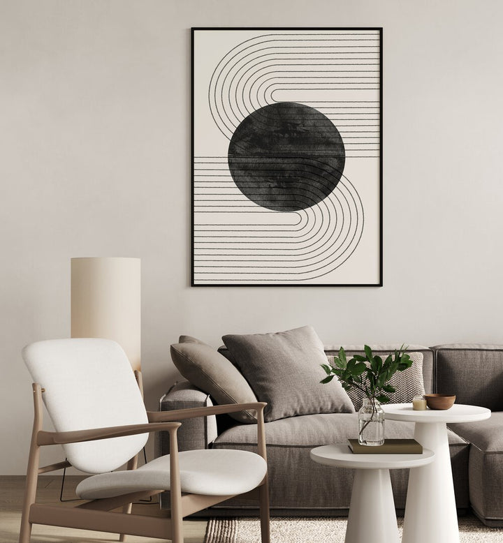 Stylish living room featuring DEEP BLACK BALANCE VI, BOHO ART PAINTINGS from The Miuus Studio, perfect for modern decor.