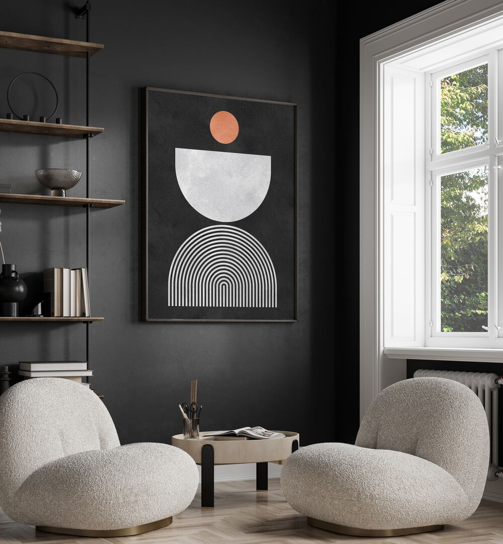 Modern living room featuring LINES AND CIRCLES X, BOHO ART PAINTINGS, enhancing the stylish decor with geometric elegance.