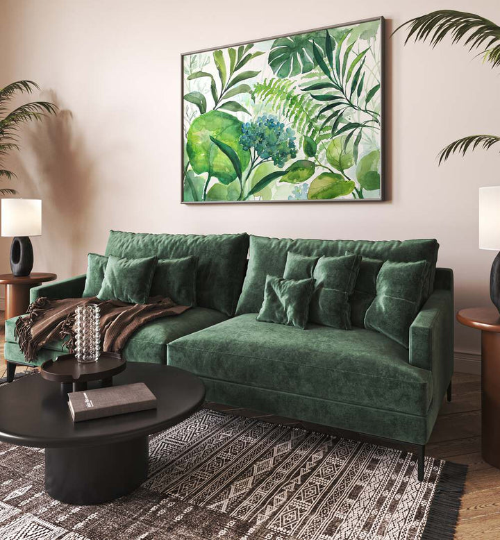 Lush green leaves and vibrant flowers in DIVERSE GREEN LEAVE, FLORAL FLOWER PAINTINGS for a nature-inspired décor.
