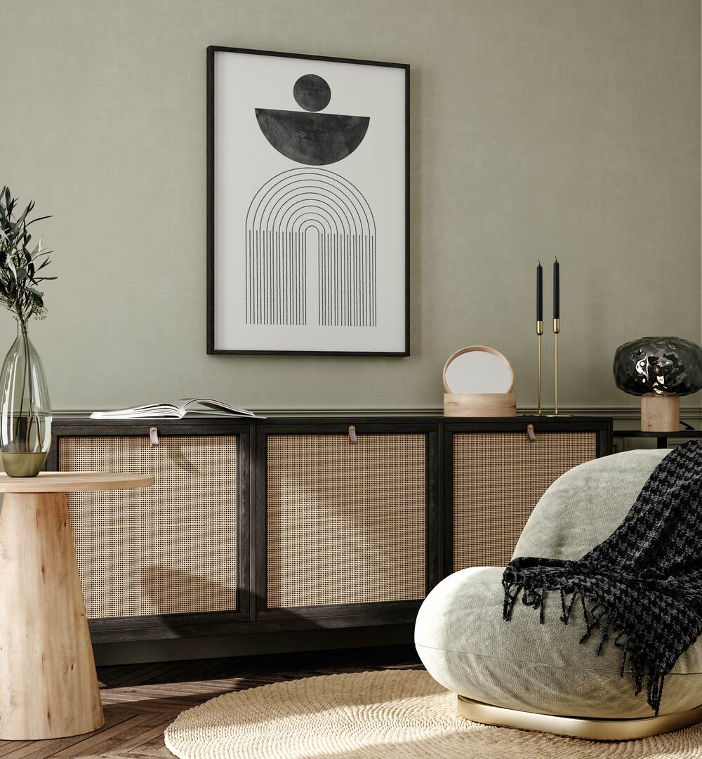 Stylish living room featuring ARCH COMPOSITION VI, BOHO ART PAINTINGS by MIUUS Studio, enhancing modern decor.