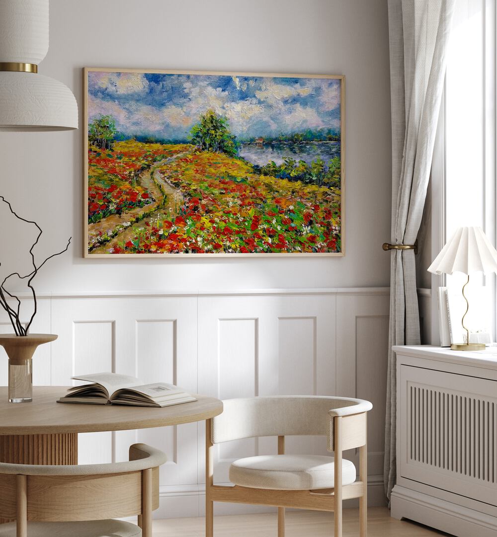 Vibrant COUNTRYSIDE LANDSCAPE painting enhances modern decor, perfect for art lovers seeking nature's beauty.