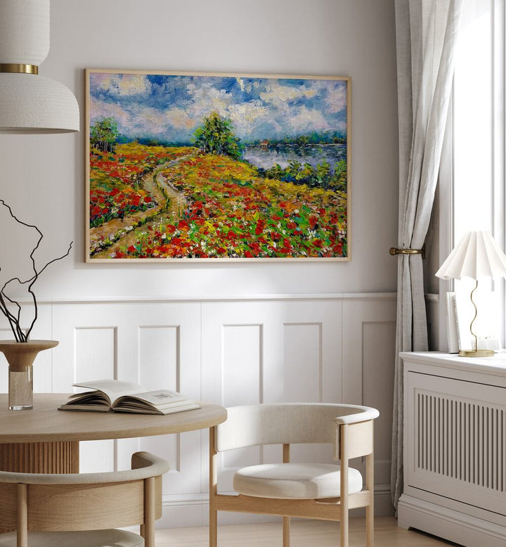 Vibrant COUNTRYSIDE LANDSCAPE painting enhances modern decor, perfect for art lovers seeking nature's beauty.