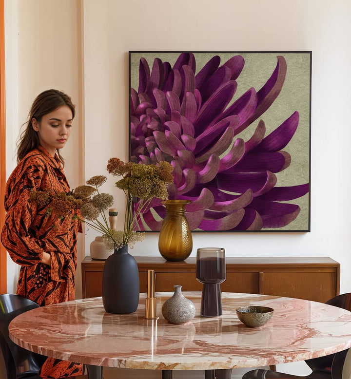 Charming interior featuring CHRYSANTHEMUM PURPLE, FLORAL FLOWER PAINTINGS, enhancing home decor with deep purple hues.