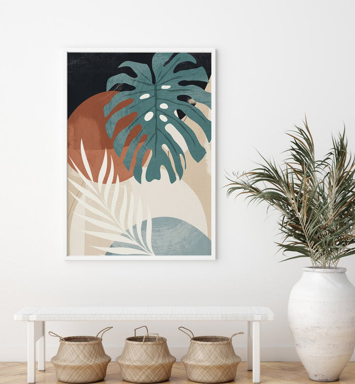 Stunning ABSTRACT ART TROPICAL LEAVES IV, BOHO ART PAINTINGS featuring earthy tones and vibrant tropical aesthetics.