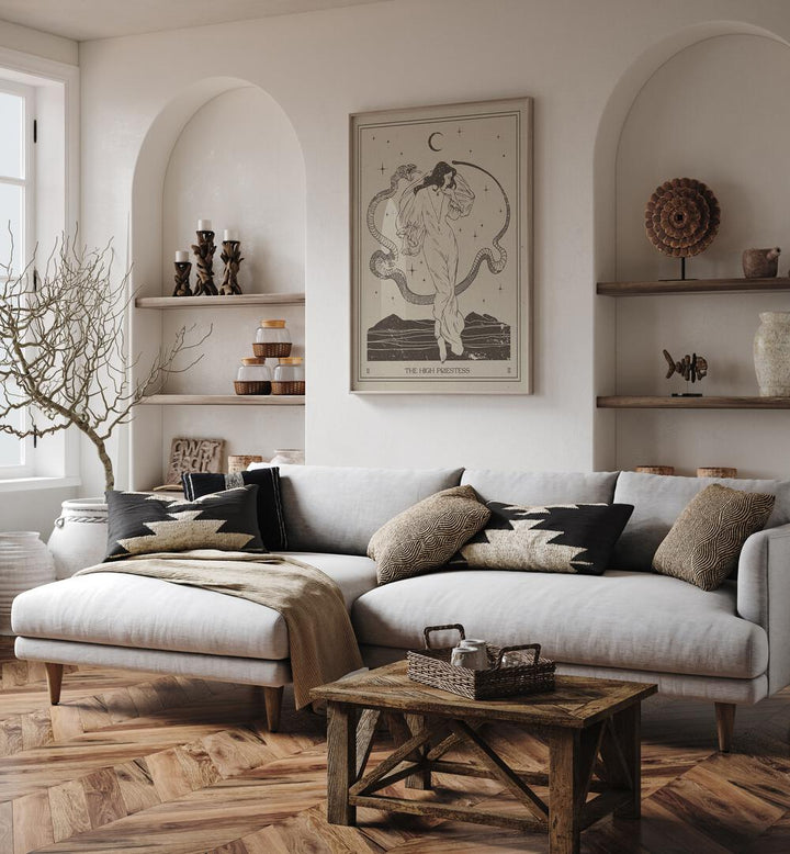 Stylish living room featuring THE HIGH PRIESTESS, ZODIAC & TAROT POSTERS for a mystical home decor vibe.