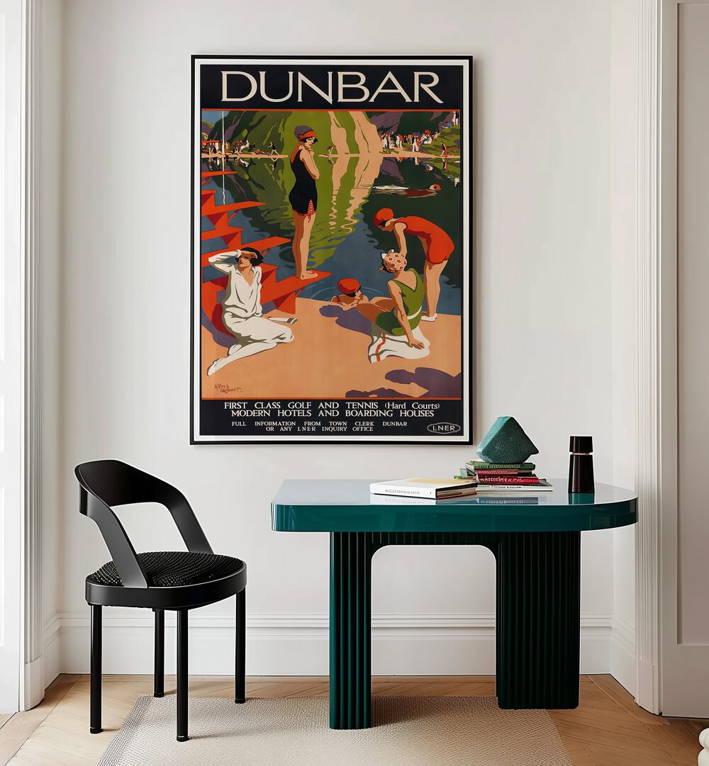 DUNBAR, VINTAGE TRAVEL POSTERS adorn a stylish room, blending nostalgia with modern decor elements.