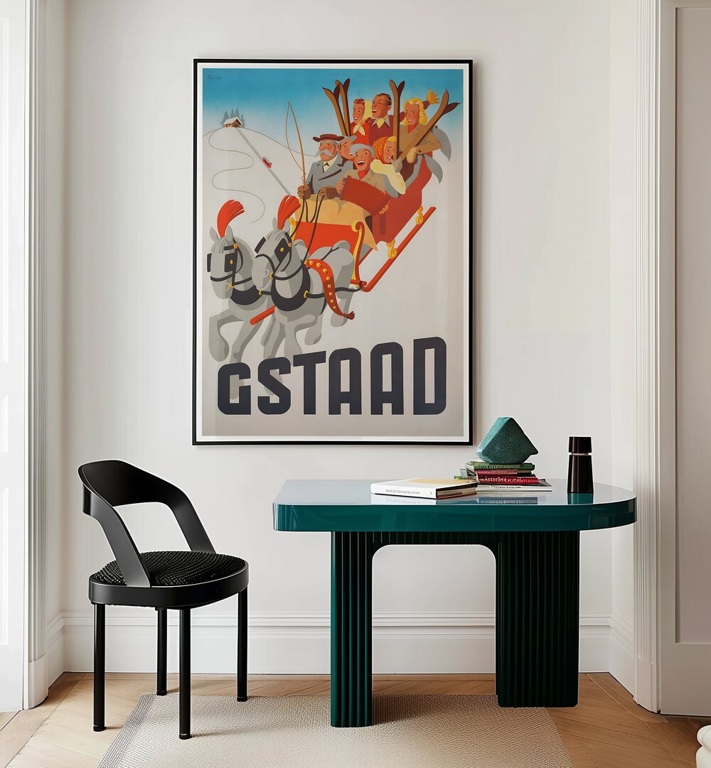 Bright GSTAAD Vintage Travel Posters adorn a wall, showcasing the charm of the Swiss Alps in a stylish interior.