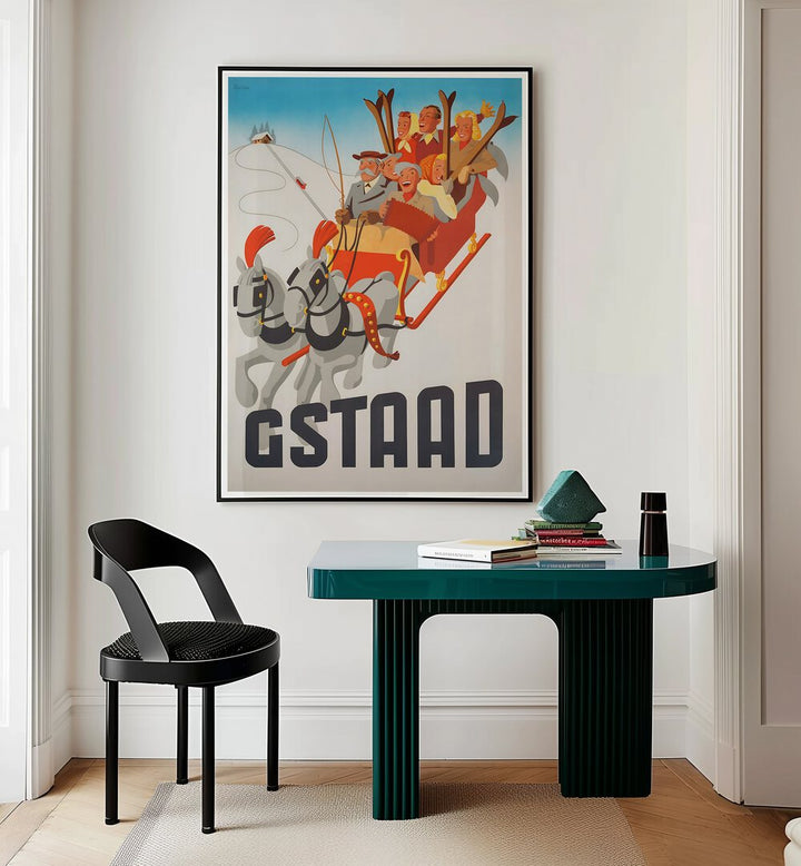 Bright GSTAAD Vintage Travel Posters adorn a wall, showcasing the charm of the Swiss Alps in a stylish interior.