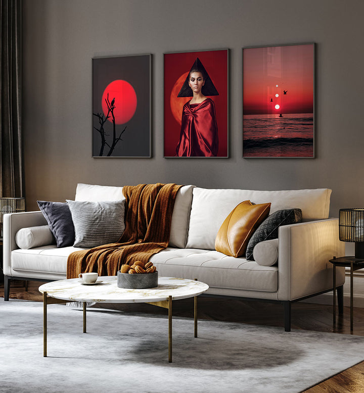 RED HORIZON , SET OF 3 PAINTINGS