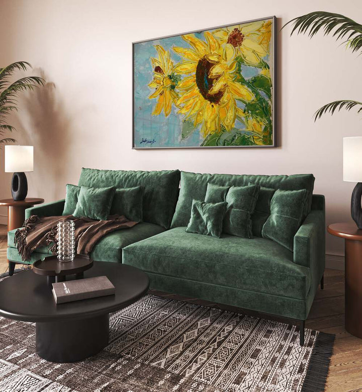 Bright SUN FLOWER CANVAS, FLORAL FLOWER PAINTINGS enhance the cozy living room with vibrant colors and style.
