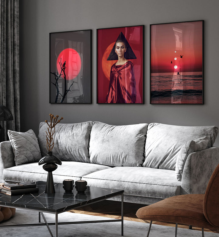 RED HORIZON , SET OF 3 PAINTINGS