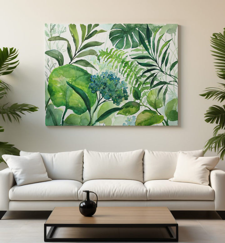 Vibrant DIVERSE GREEN LEAVE, FLORAL FLOWER PAINTINGS enhancing modern living spaces with nature’s elegance.