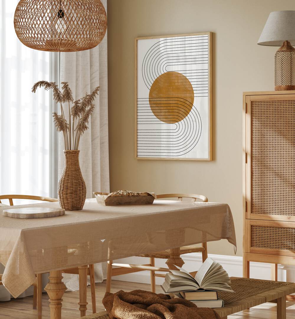 Stylish dining room featuring ABSTRACT FLOW II, BOHO ART PAINTINGS by The Miuus Studio, enhancing modern decor elegance.