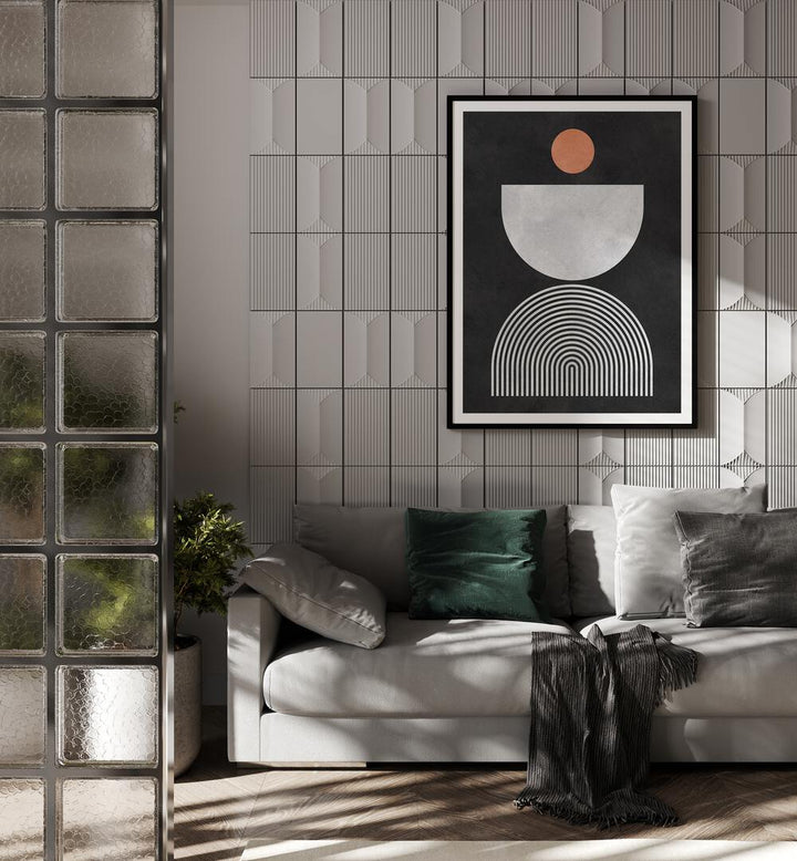 Stylish LINES AND CIRCLES X, BOHO ART PAINTINGS displayed in a modern living space, enhancing artistic ambiance.