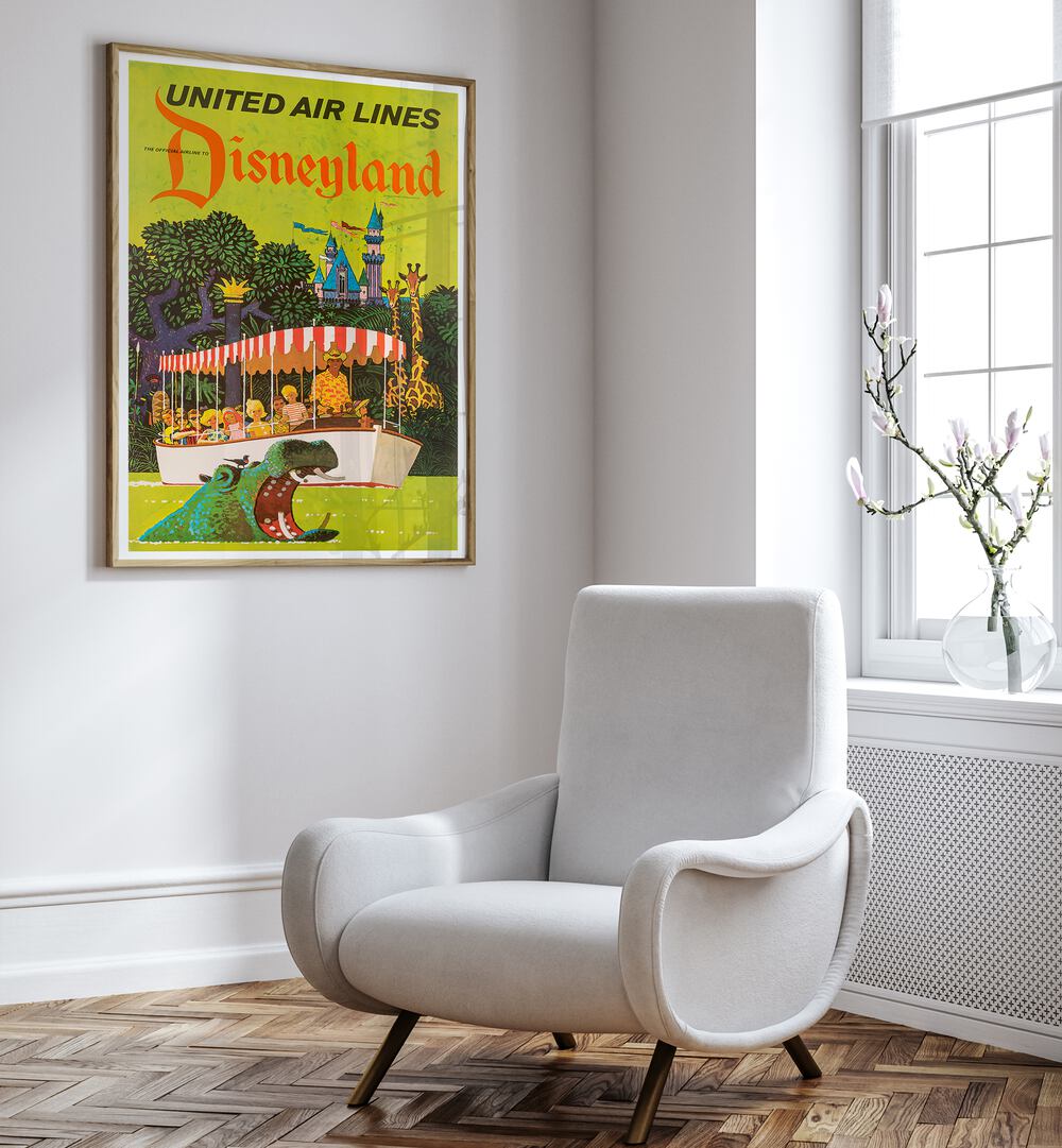 Colorful Disneyland vintage travel poster featuring iconic attractions, perfect for nostalgic home decor.
