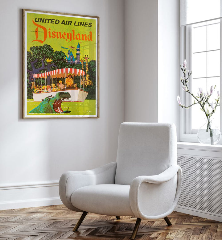 Colorful Disneyland vintage travel poster featuring iconic attractions, perfect for nostalgic home decor.