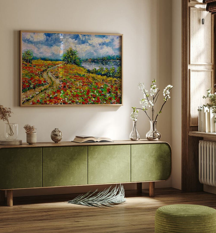 Vibrant COUNTRYSIDE LANDSCAPE painting transforms the room, perfect for lovers of serene LANDSCAPE PAINTINGS.