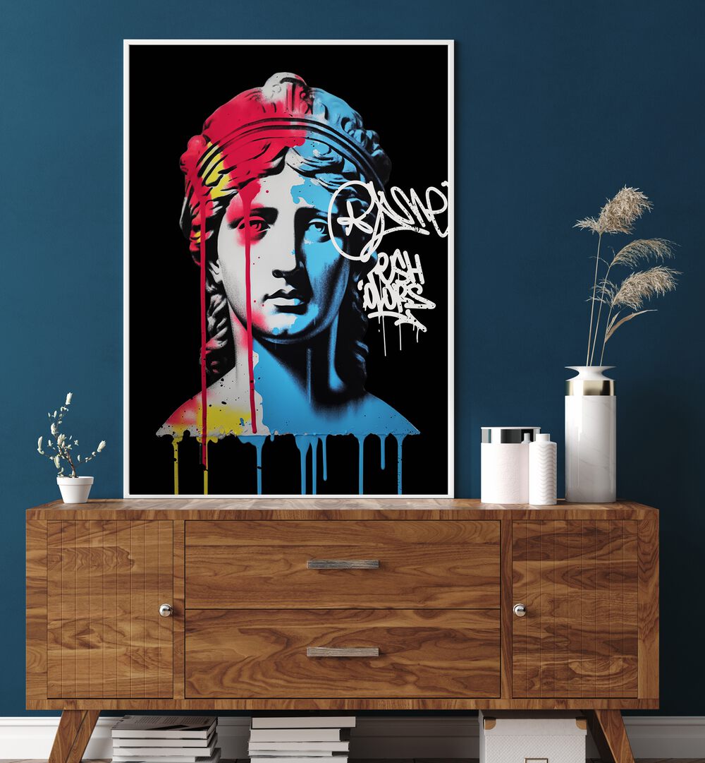 VANDAL NEMESIS, ALTERED ART PRINTS by DIKHOTOMY showcase vibrant street art on classic sculptures, perfect for collectors.