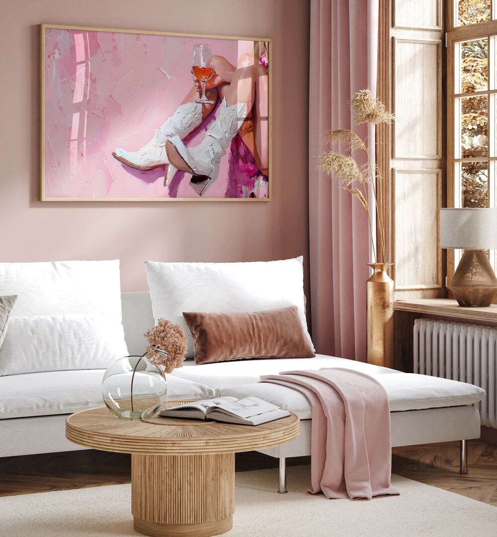 Vibrant art print "Wine and Booted" adds playful elegance to your space with electric colors and lively flair.