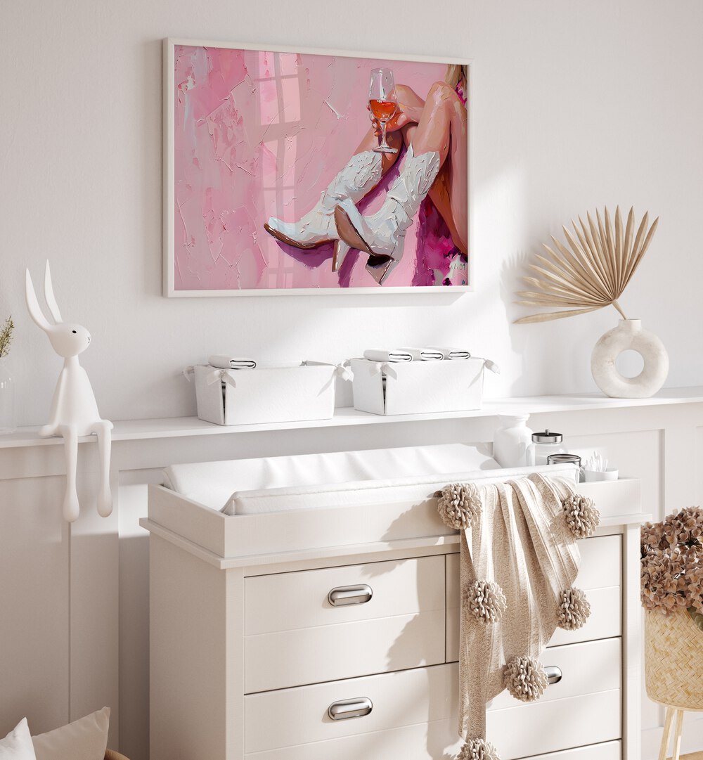 Vibrant art print "Wine and Booted" adds playful elegance to any space, featuring colorful boots and a glass of wine.
