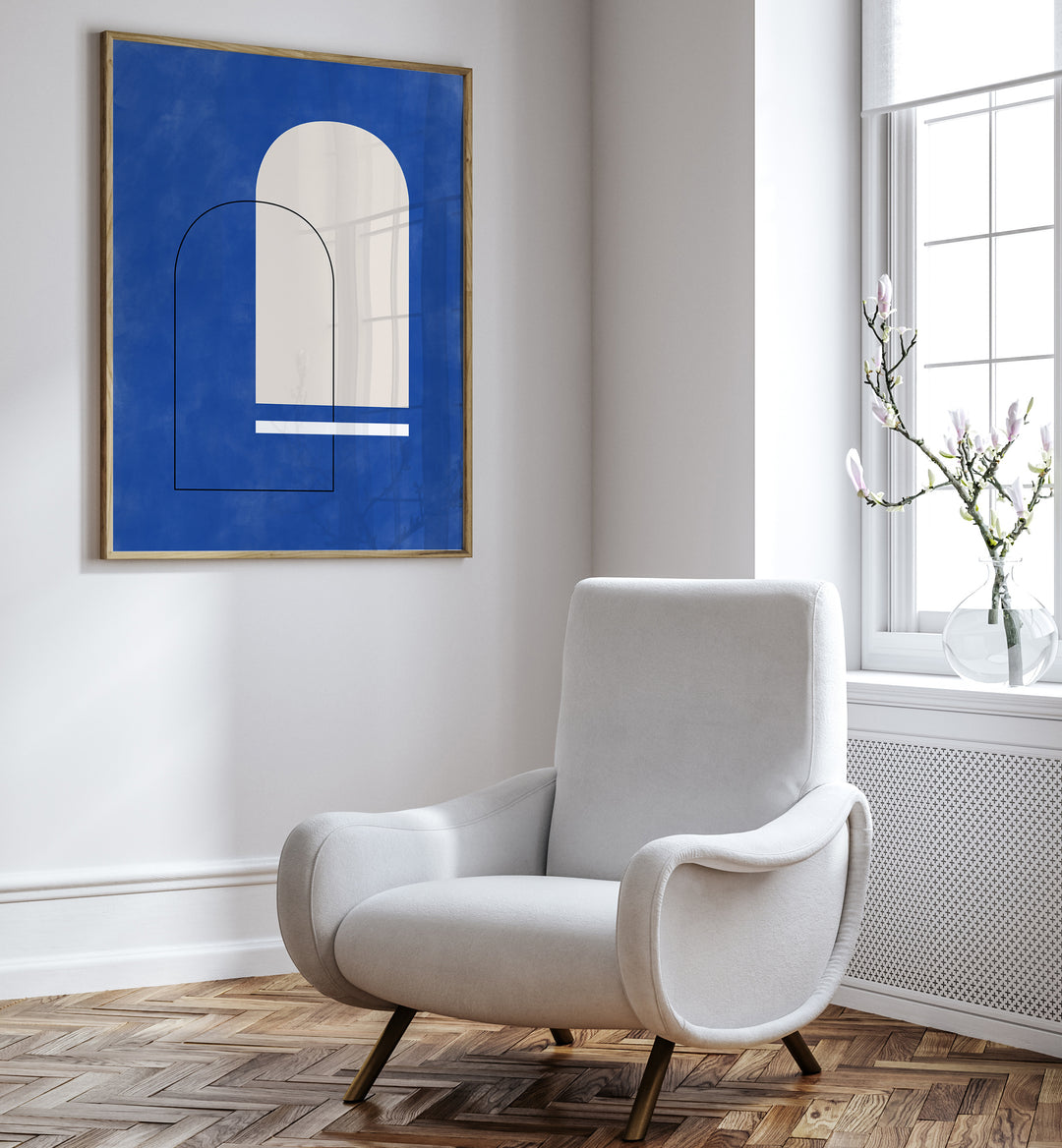 Stylish BLUE ARCHES, GEOMETRIC ART PRINTS by Elena Ristova enhance any space with bold colors and modern design.