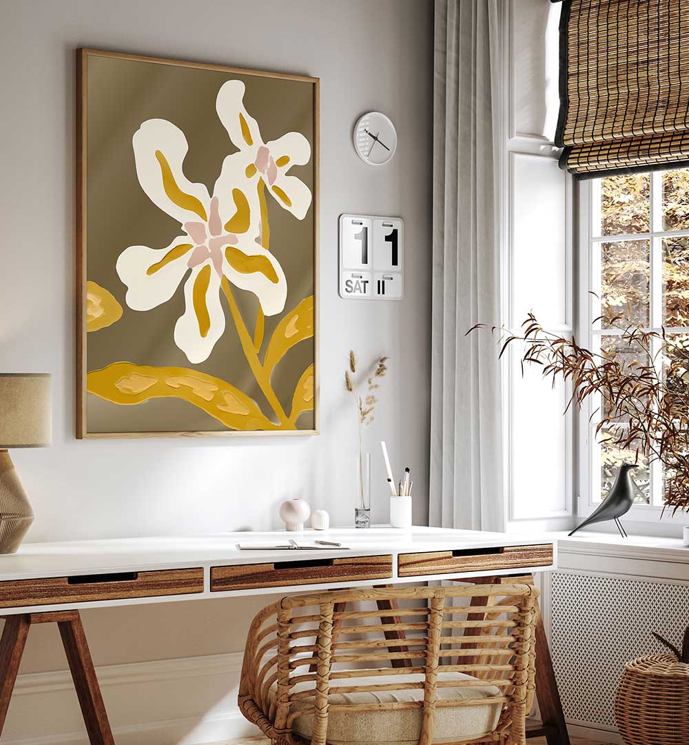 TWO GOLDEN BLOOMS , FLORAL FLOWER PAINTINGS