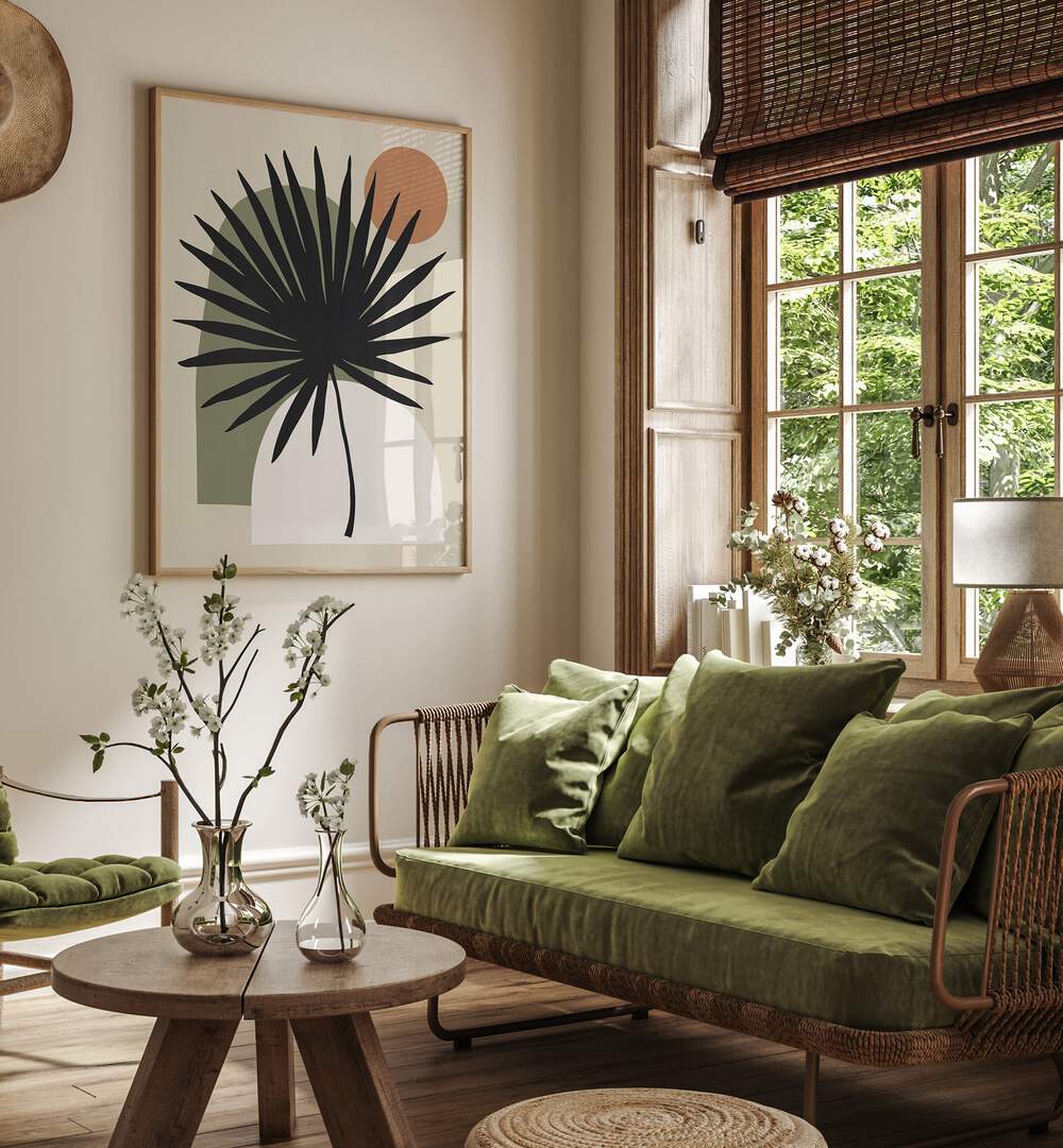 Stylish living room featuring COMPOSITION V, BOHO ART PAINTINGS, blending nature's beauty with modern aesthetics.
